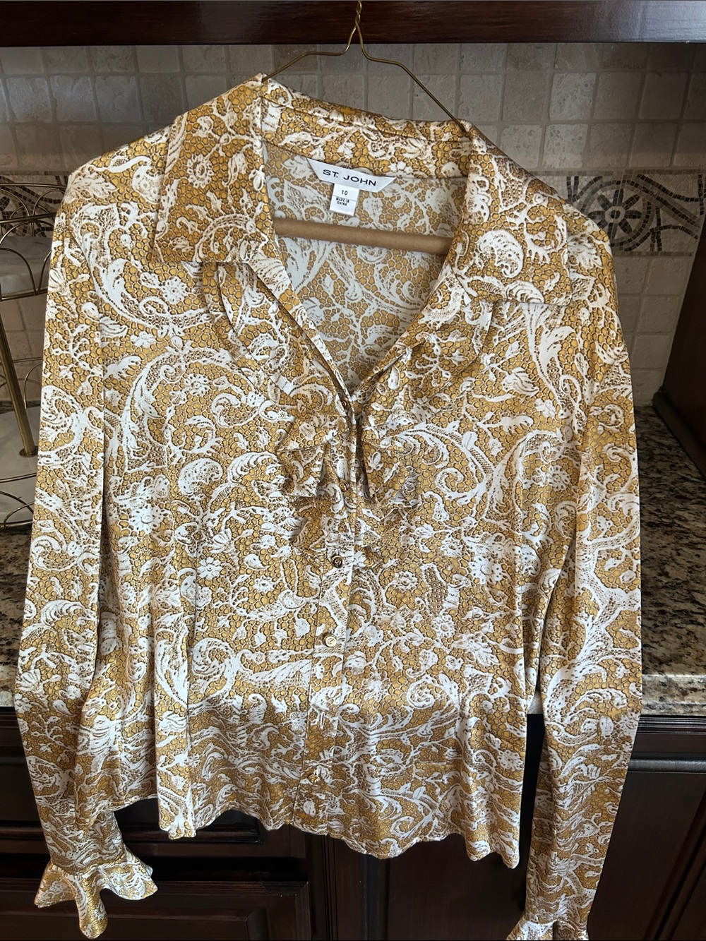 St. John Mustard and White Paisley Button-Down Blouse